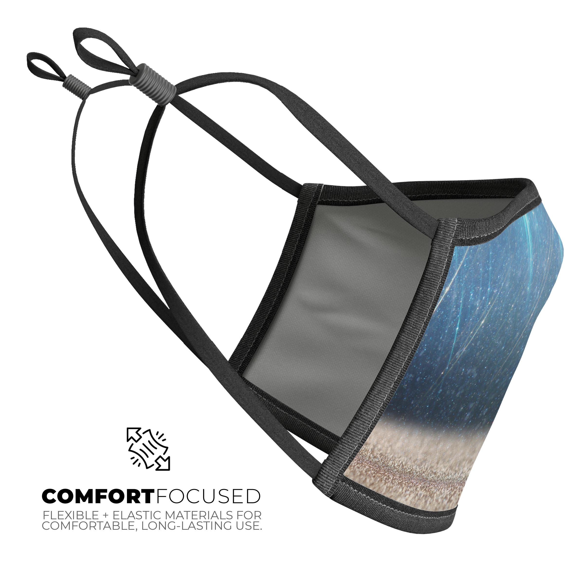 Strachted Blue and Gold unisex mouth cover, showcasing vibrant colors and adjustable ear-loop bands for a comfortable fit.